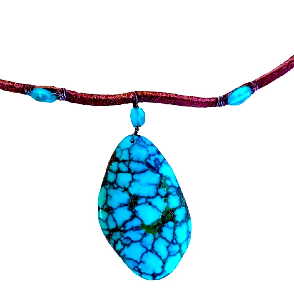 Spiderweb Bisbee Turquoise Bright Blue Topaz Gems Wire Wrapped Leather Necklace